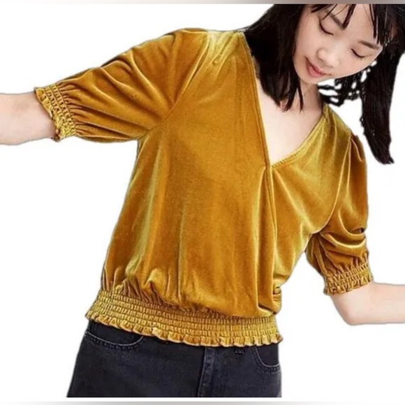 MADEWELL Smocked Gold Velvet Crossover Top Blouse - Picture 1 of 10